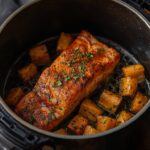 Crispy air fryer salmon fillet with golden crust and flaky interior.