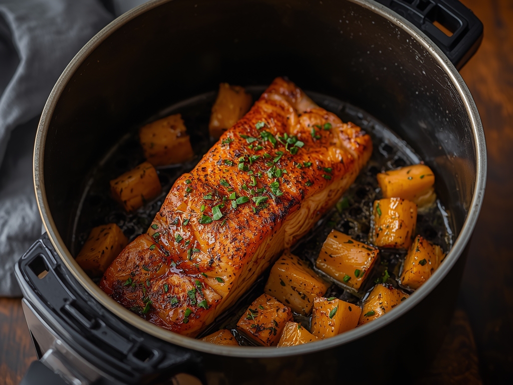 Crispy air fryer salmon fillet with golden crust and flaky interior.