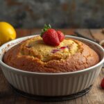 Strawberry lemon quick bread topped with lemon glaze and fresh strawberries on a wooden board