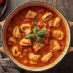 Creamy tomato tortellini soup with cheese tortellini and fresh basil in a bowl