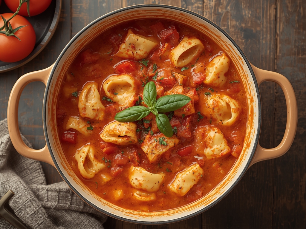 Creamy tomato tortellini soup with cheese tortellini and fresh basil in a bowl