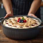 No bake berry icebox cake with layers of whipped cream, graham crackers, and fresh berries