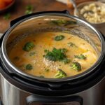 Creamy pressure cooker broccoli cheese soup served in a bowl with shredded cheddar and broccoli florets on top.