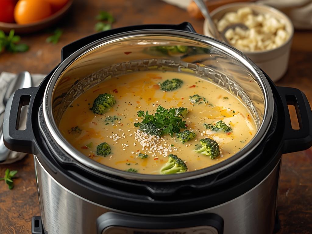 Creamy pressure cooker broccoli cheese soup served in a bowl with shredded cheddar and broccoli florets on top.
