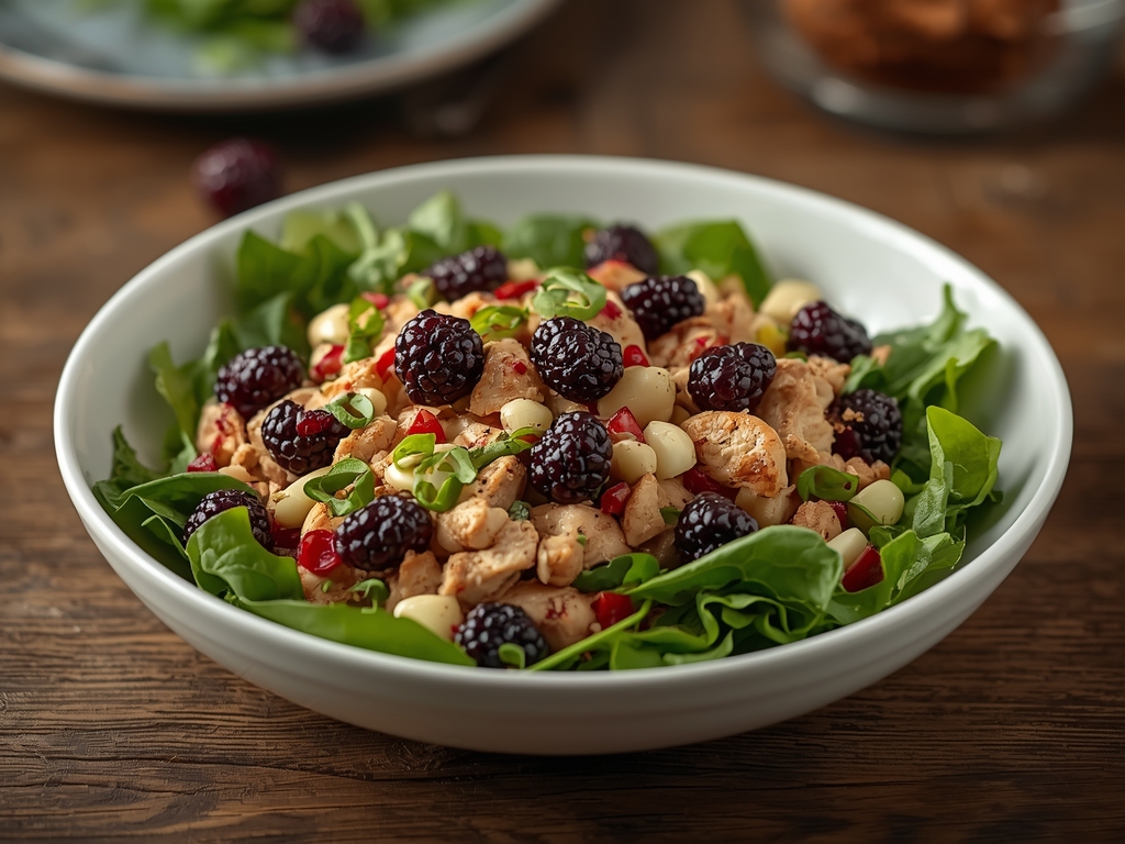 Blackberry chicken salad made with shredded chicken, fresh blackberries, and creamy dressing.