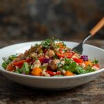 Fresh versatile party salad with feta cheese, olives, tomatoes and homemade vinaigrette