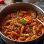 Creamy red pepper pasta in bowl with basil and grated Parmesan cheese