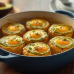 Baked avocado egg cups in muffin tin with perfectly cooked eggs and fresh herbs