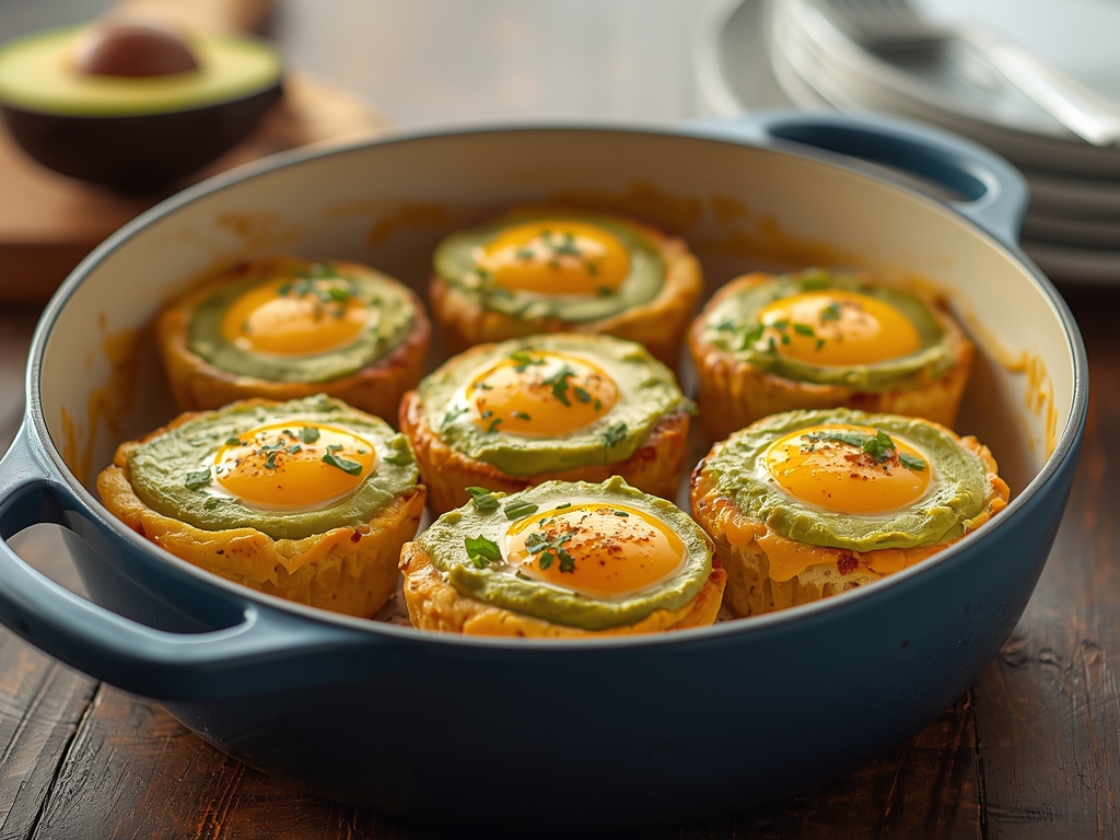 Baked avocado egg cups in muffin tin with perfectly cooked eggs and fresh herbs