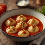 Bowl of tomato soup dumplings with fluffy homemade dumplings in rich tomato broth