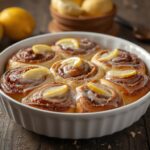 Sweet lemon cinnamon rolls with lemon glaze served warm in a baking dish