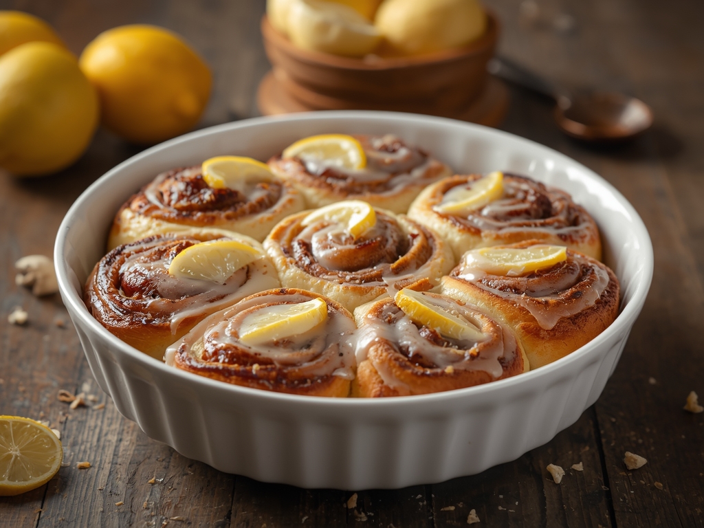 Sweet lemon cinnamon rolls with lemon glaze served warm in a baking dish
