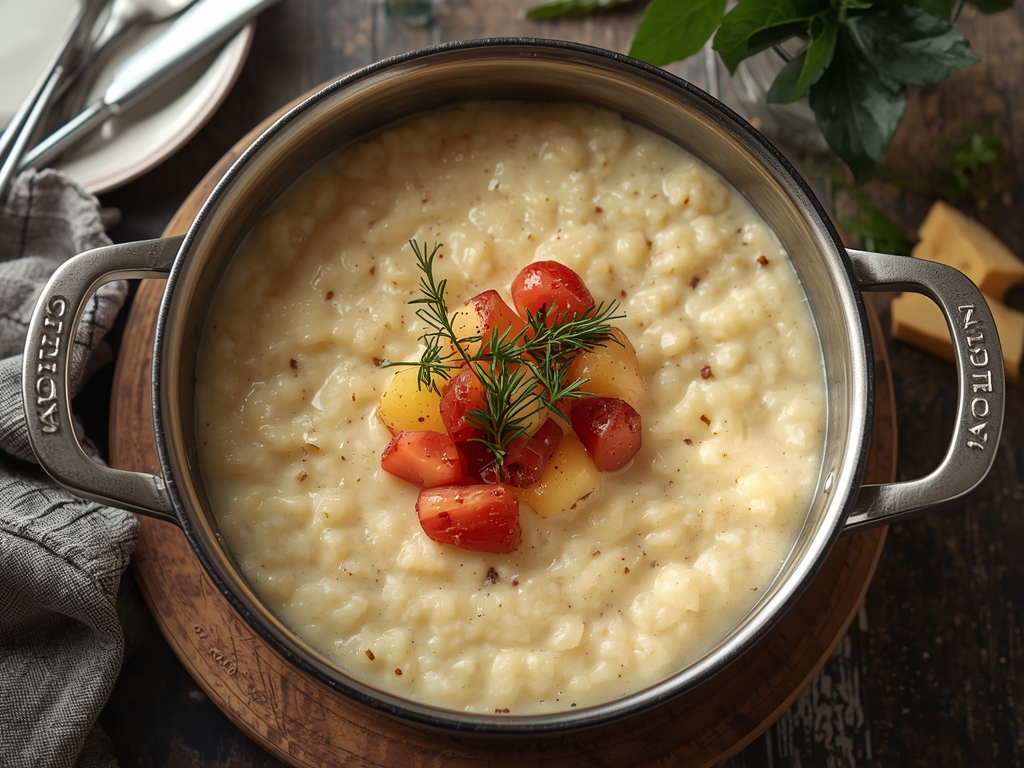 Norwegian cream porridge Rømmegrøt served with cinnamon and sugar