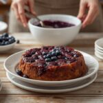 Homemade blueberry upside down cake with caramelized blueberries on top