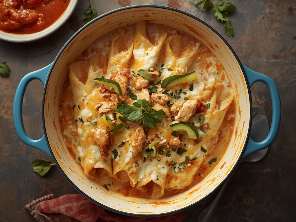 Creamy white chicken enchiladas topped with melted Monterey Jack cheese and green chilies