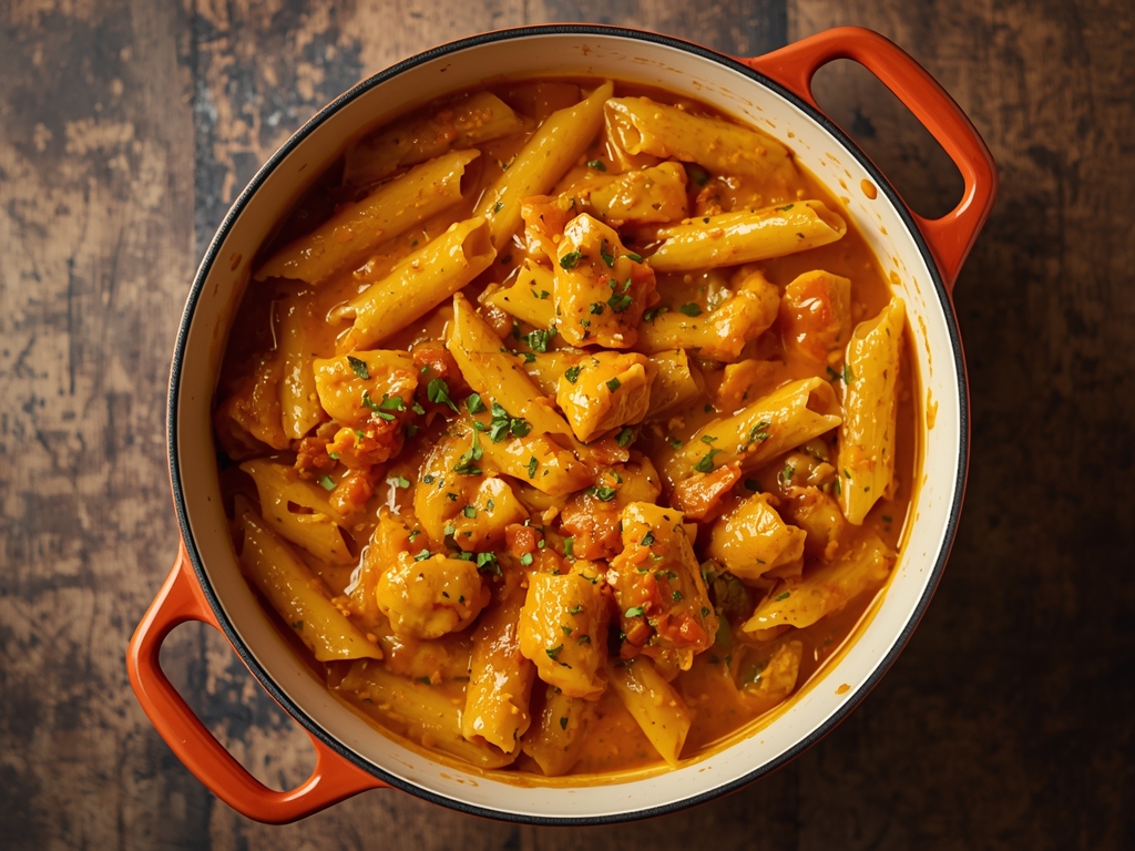 Creamy butternut squash pasta sauce served over pasta and garnished with fresh sage