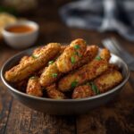 Golden crispy battered pickles served with creamy dipping sauce on a rustic plate