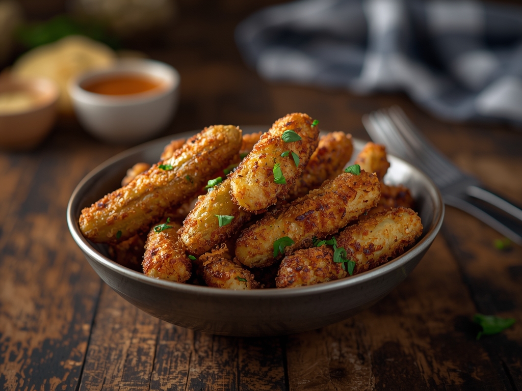 Golden crispy battered pickles served with creamy dipping sauce on a rustic plate