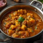 Authentic spicy Indian mango pickle in a glass jar with mustard seeds and red chili powder