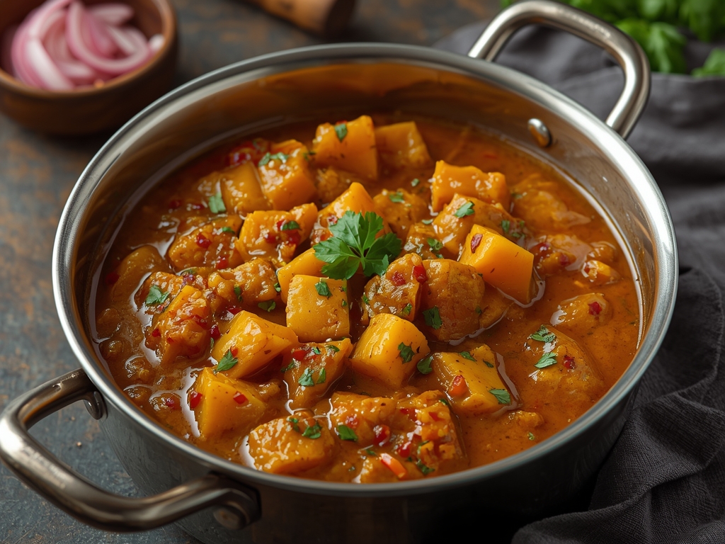 Authentic spicy Indian mango pickle in a glass jar with mustard seeds and red chili powder