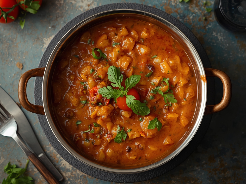 Spicy tomato pachadi in a bowl garnished with mustard seeds and red chilies