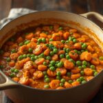 Close-up of buttery peas and carrots sautéed and garnished with fresh parsley.