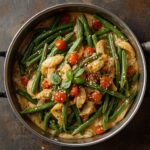 Close-up of Italian style green beans sautéed with garlic and red pepper flakes.