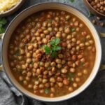 Close-up of thick hearty split pea soup with carrots and shredded ham.