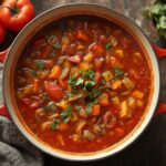 Close-up of homemade vegetable soup with carrots, potatoes, celery, and fresh parsley garnish.