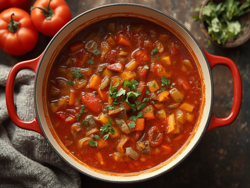 Close-up of homemade vegetable soup with carrots, potatoes, celery, and fresh parsley garnish.