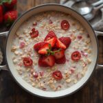 Strawberry cream overnight oats layered with fresh strawberries in a glass jar