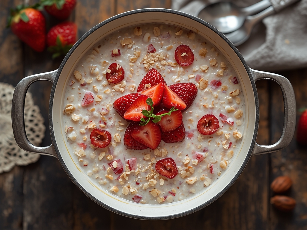 Strawberry cream overnight oats layered with fresh strawberries in a glass jar