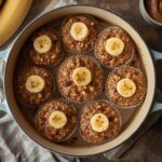 Peanut butter banana oatmeal cups baked in a muffin tin with banana slices on top