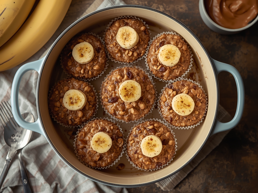 Peanut butter banana oatmeal cups baked in a muffin tin with banana slices on top