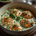 Creamy spinach artichoke chicken baked with parmesan and mozzarella cheese