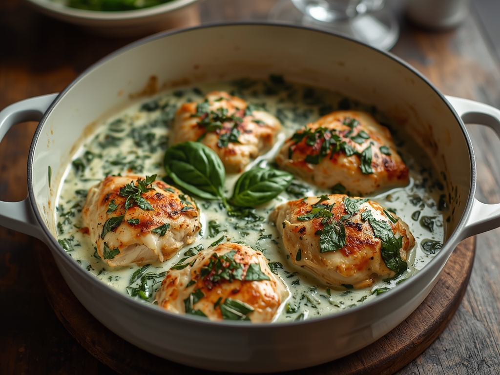 Creamy spinach artichoke chicken baked with parmesan and mozzarella cheese