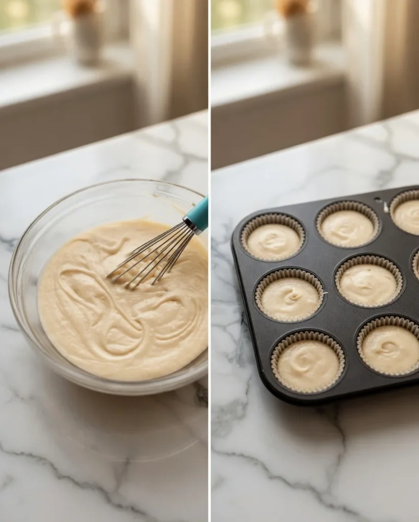 Smooth vanilla cupcake batter in a bowl with whisk and muffin pan filled with batter in paper liners on a marble surface