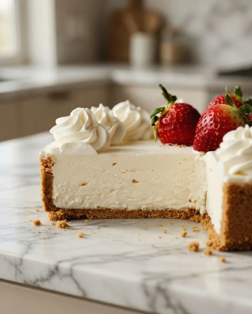 Close-up of creamy strawberry cheesecake with whipped cream and fresh strawberries, showing a smooth texture and graham crust.