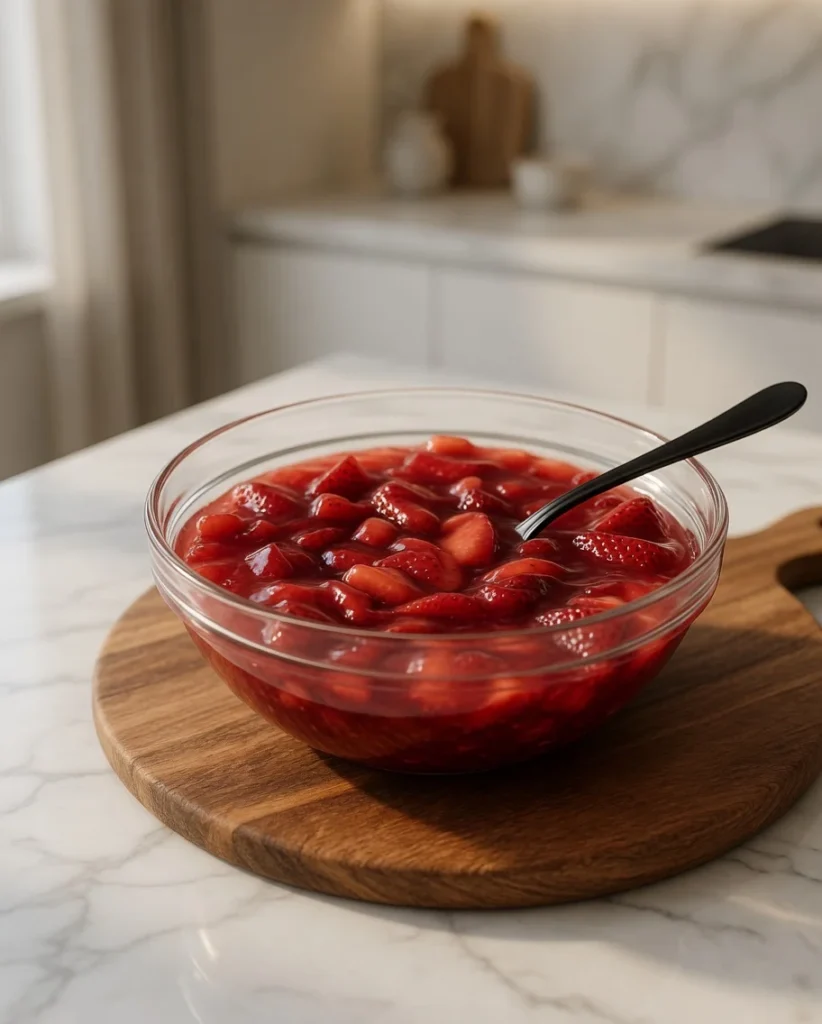 Glass bowl filled with homemade strawberry glaze with chunks of fresh strawberries and glossy sauce on a wooden board
