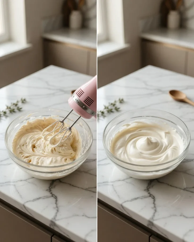 Two bowls of whipped cheesecake mixture and whipped cream with a hand mixer on a marble countertop