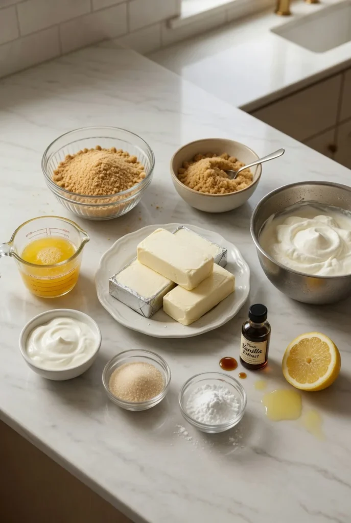 No-bake cheesecake ingredients arranged on a white marble countertop including graham cracker crumbs, brown sugar, melted butter, cream cheese, heavy cream, sugars, sour cream, vanilla extract, and fresh lemon