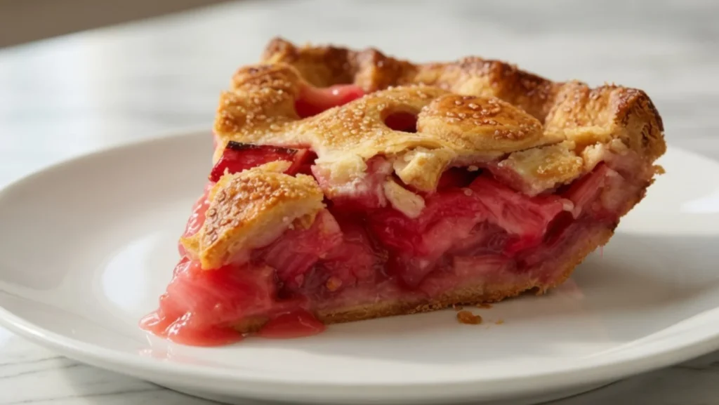 Rhubarb pie with golden flaky double crust and sweet ruby filling cooling on a wooden farmhouse table