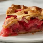 Rhubarb pie with golden flaky double crust and sweet ruby filling cooling on a wooden farmhouse table