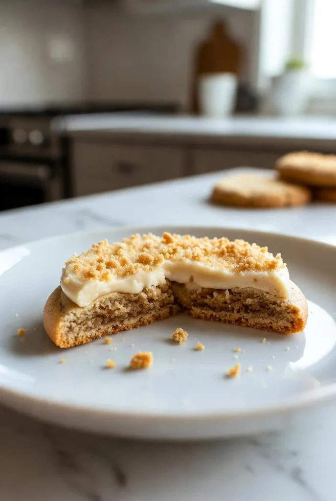Close-up of a soft sugar cookie broken in half showing tender texture and smooth frosting