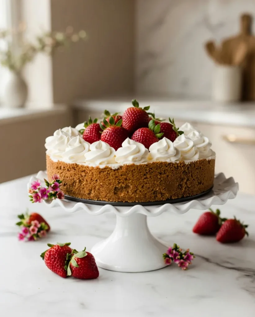 Whole strawberry cheesecake with whipped cream swirls and fresh strawberries on a white cake stand in a bright kitchen.