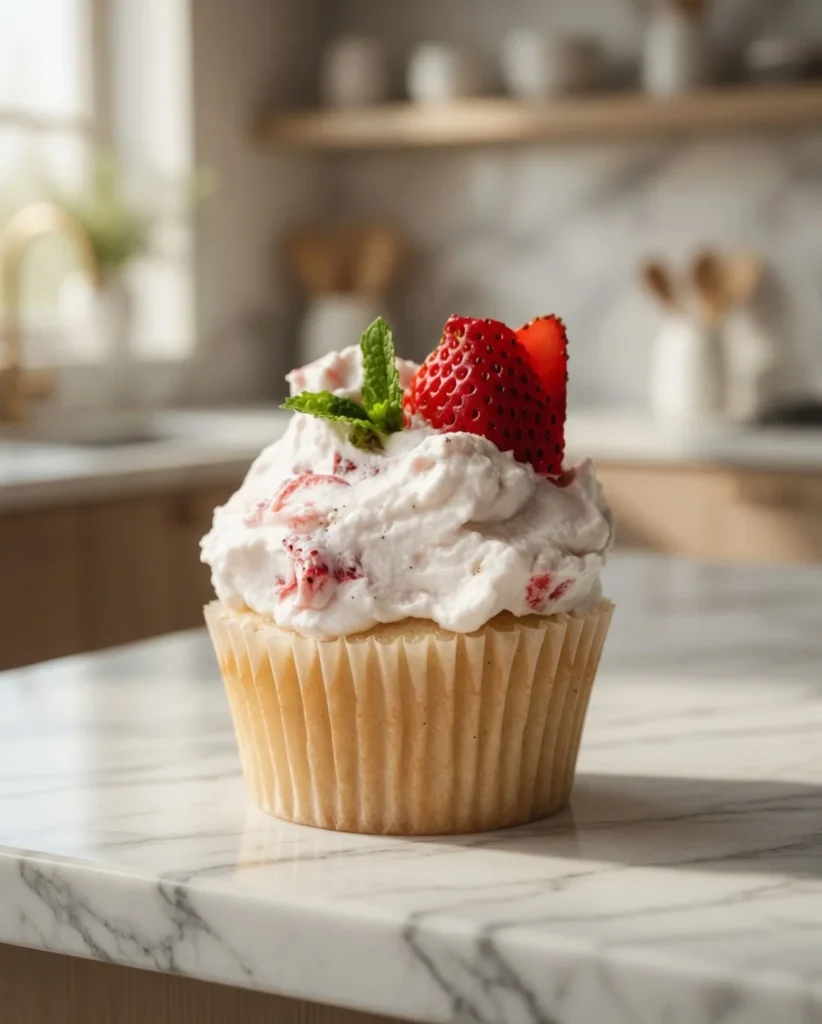 Strawberry shortcake cupcakes made with soft vanilla cupcakes filled with fresh strawberry center and topped with whipped cream and strawberry pieces on a marble surface