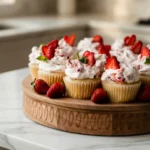 Vanilla cupcakes topped with strawberry cream frosting and fresh strawberries on a wooden serving board in a bright modern kitchen.