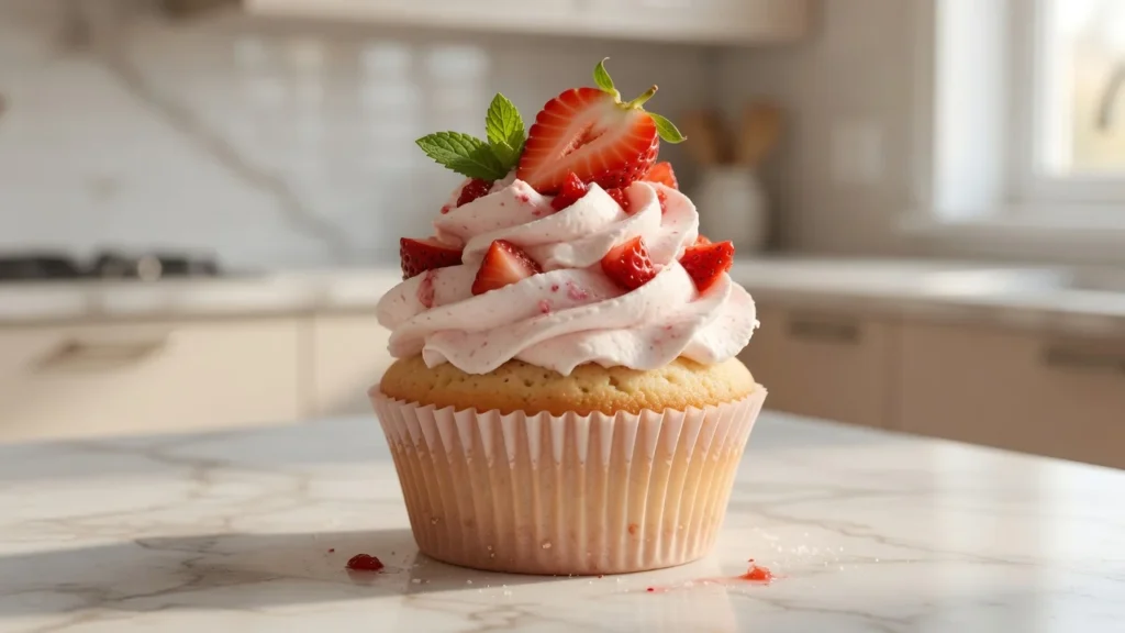 Strawberry shortcake cupcake topped with fluffy whipped cream, fresh strawberry slice, and mint on a marble surface
