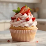 Strawberry shortcake cupcake topped with fluffy whipped cream, fresh strawberry slice, and mint on a marble surface