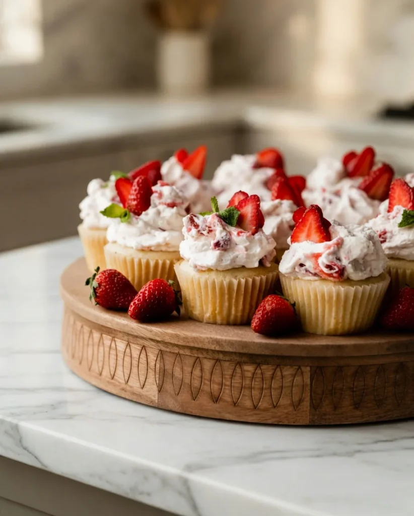 Vanilla cupcakes topped with fluffy strawberry whipped cream and fresh sliced strawberries, arranged on a wooden serving stand in a bright modern kitchen.